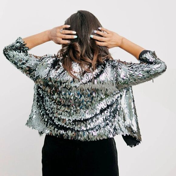 NWOT H&M Blue Rectangle Paillette Sequin Fully Lined Jacket - Picture 1 of 6